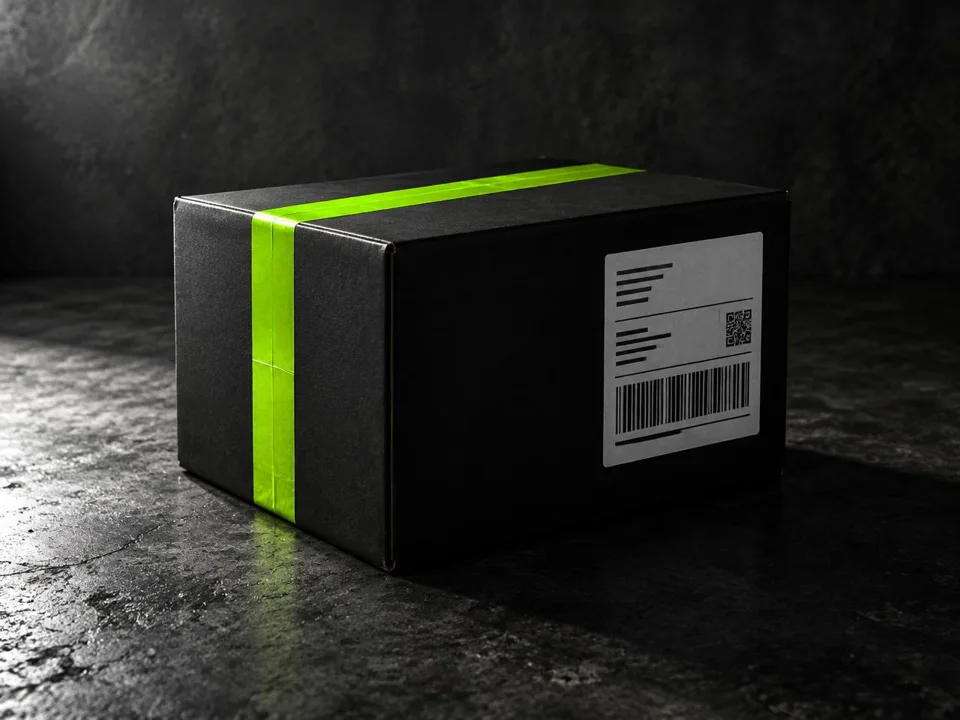 A Handoff shipping box with a printed label, ready to go out